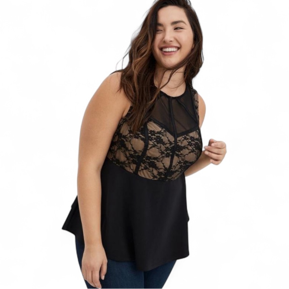🌙 Torrid Black Scuba & Lace Corset Peplum Top Size 2XL